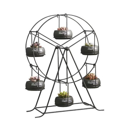 Ferris Wheel stand with 6 cement succulent plant pots in various colors