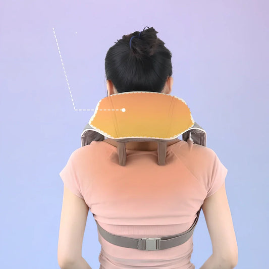 White and grey electric shoulder massager strap with adjustable length showing massage nodes and control button