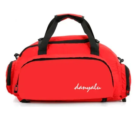 Oxford cloth fitness bag with three shoulder straps, soft handle, printed text pattern, square vertical shape, Large size