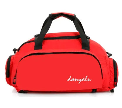 Oxford cloth fitness bag with three shoulder straps, soft handle, printed text pattern, square vertical shape, Large size