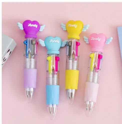 Cartoon-themed four-colour press ballpoint pen with 0.7mm tip showing random design selection