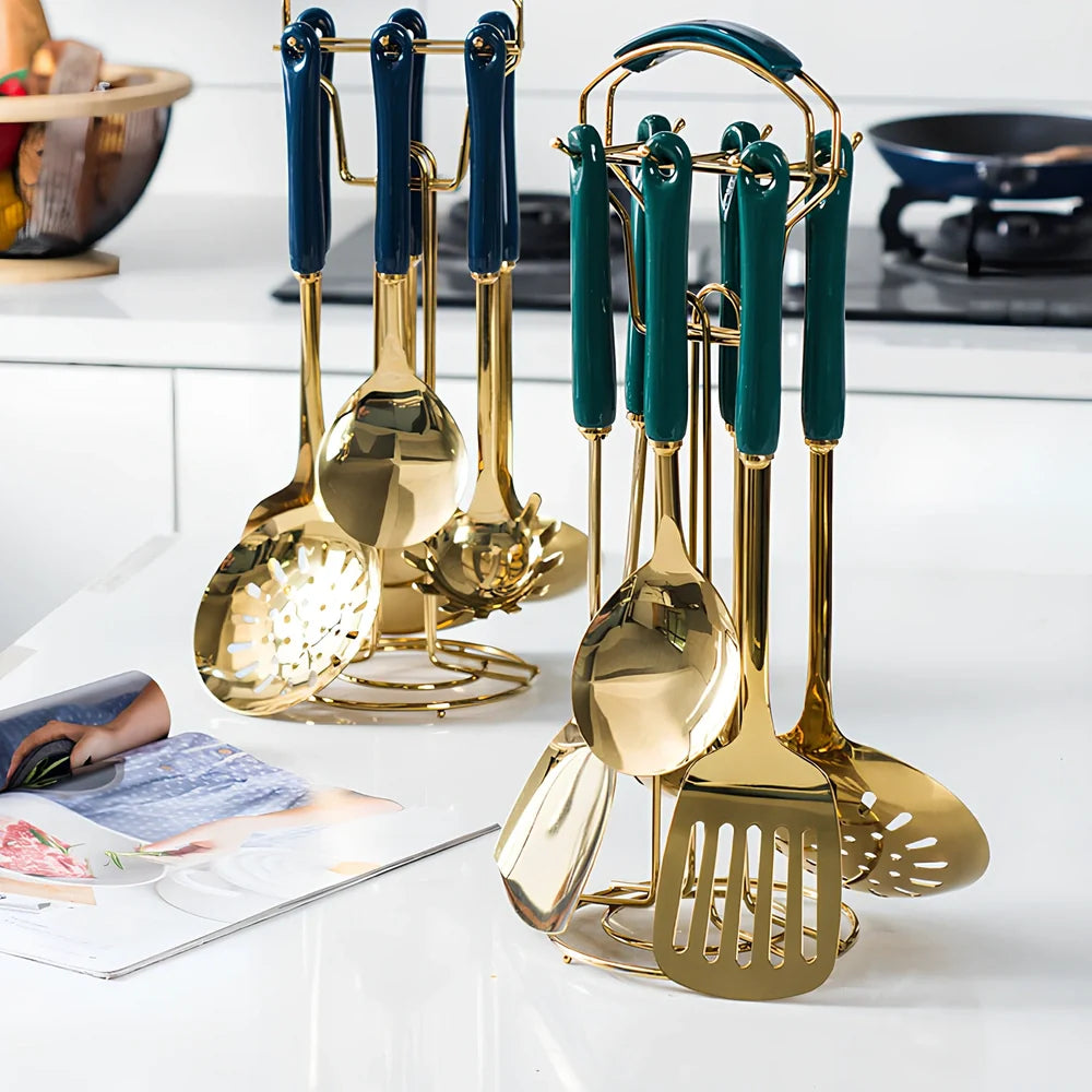 16-piece porcelain dinnerware set with stainless steel cutlery in blue and green options