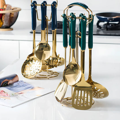 16-piece porcelain dinnerware set with stainless steel cutlery in blue and green options