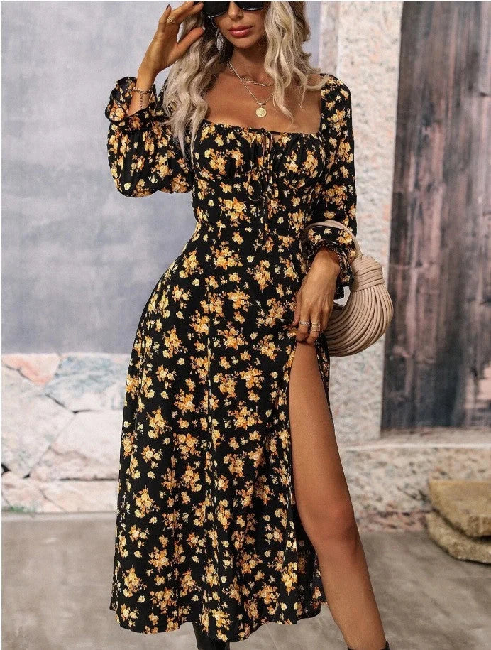 Charming floral long sleeve dress with square neckline and side slit for stylish women