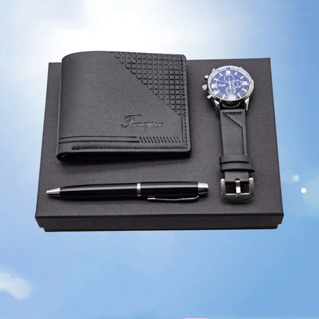 Creative Holiday Gift Wallet Pen Watch Set in brown and black options with OPP packaging