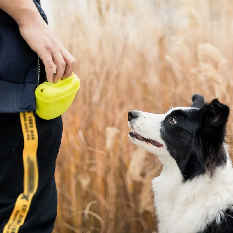 Black silicone dog training treat pouch with clip and magnetic closure shown attached to a belt.