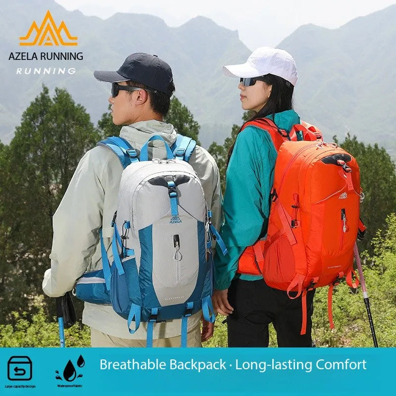 AZELA Electron 40L hiking backpack in white and navy with multiple compartments and adjustable straps