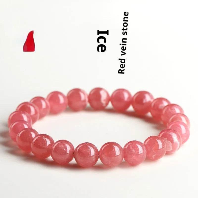 Women's geometric crystal bracelet with red rhodochrosite stones and longevity lock clasp, showing bead size options