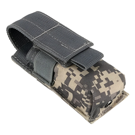 Black tactical MOLLE pouch with elastic cord closure, shown attached to a military belt.