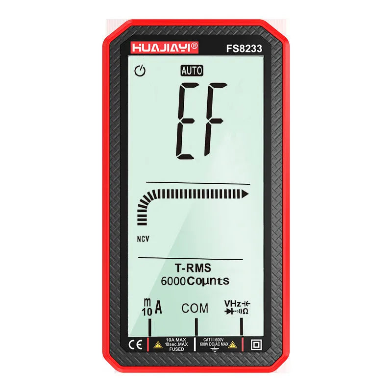 Handheld large screen digital multimeter in black or red, showing dimensions.
