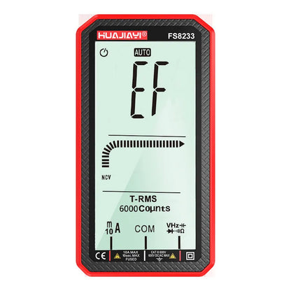 Handheld large screen digital multimeter in black or red, showing dimensions.