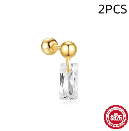 S925 sterling silver floral stud earrings with square gravel detail in a golden electroplated finish.