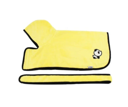 Absorbent dog bathrobe made of soft microfiber material with adjustable waist strap for a custom fit