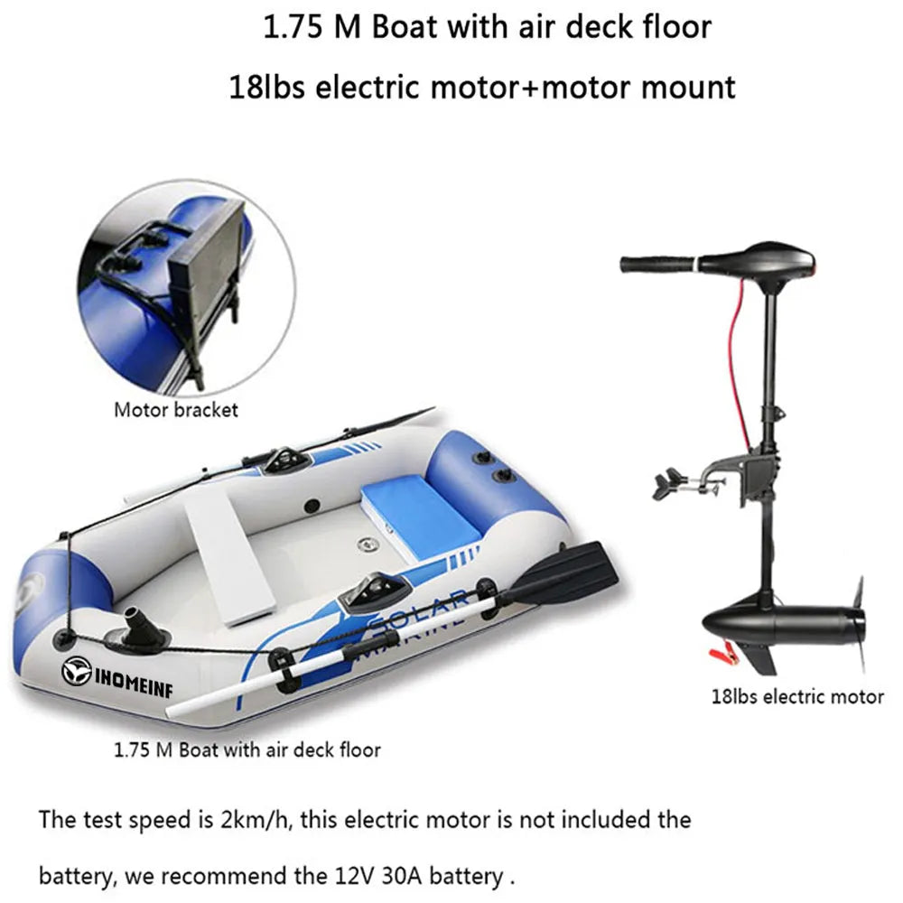 Inflatable kayak with 0.9mm environmental protection PVC hull, hard bottom, and foot pump, 4-person capacity.