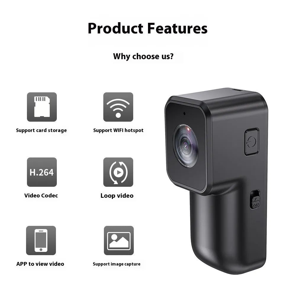Black mini WiFi sports camera recorder 61.5x27x27mm with wristband riding bracket, cycling bracket, back clip, and pet strap.
