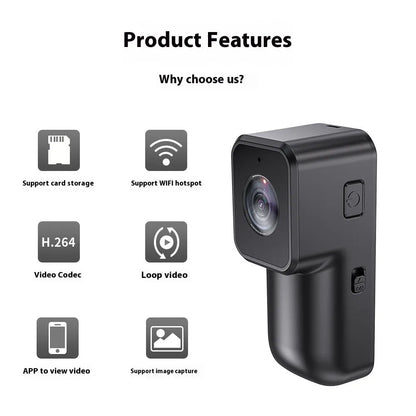 Black mini WiFi sports camera recorder 61.5x27x27mm with wristband riding bracket, cycling bracket, back clip, and pet strap.