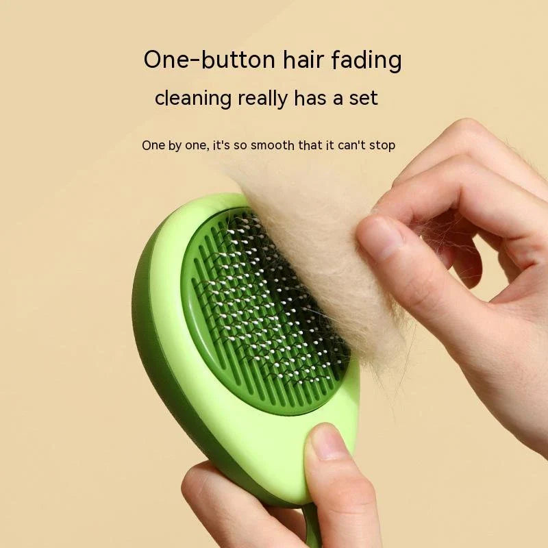 Premium pet grooming brush with avocado-shaped handle for massage and deshedding, promoting a lustrous, healthy coat for cats and dogs