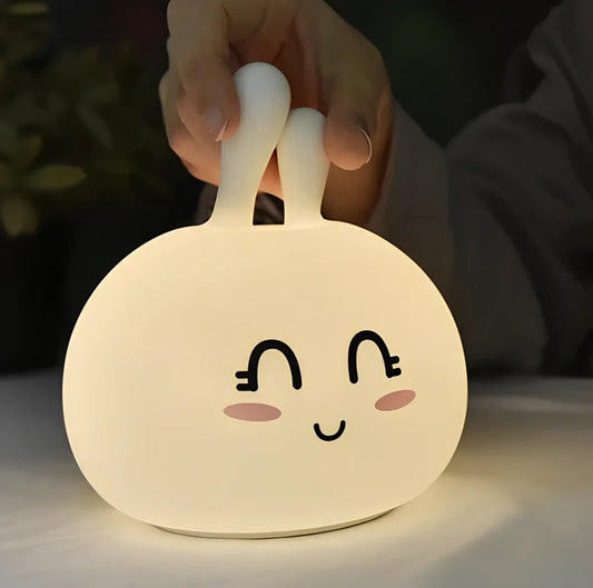 Marshmallow Bunny LED night light with shy and happy face expressions, 126x126x147mm dimensions