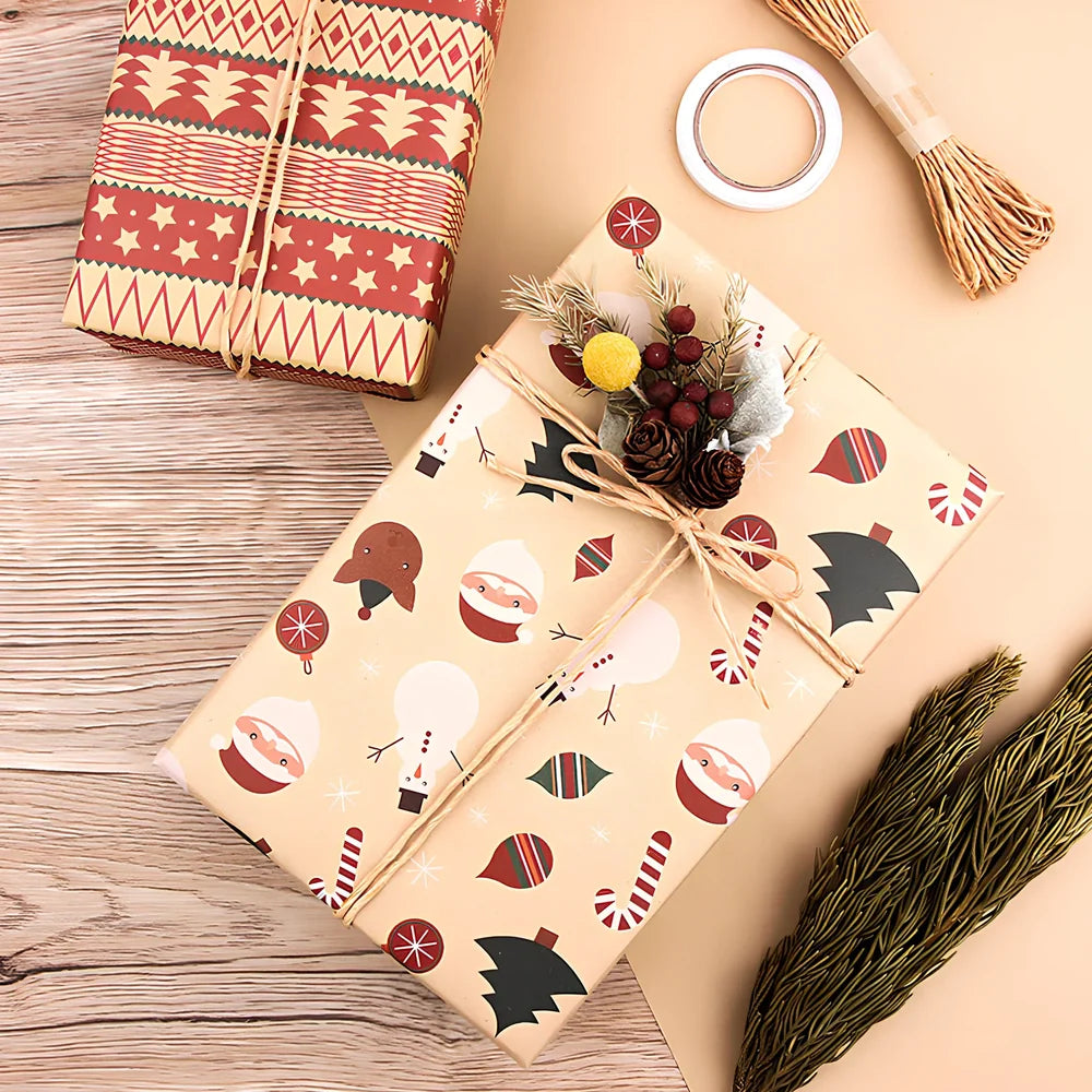 Vintage Christmas kraft wrapping paper showing one of six designs with 80g weight specification