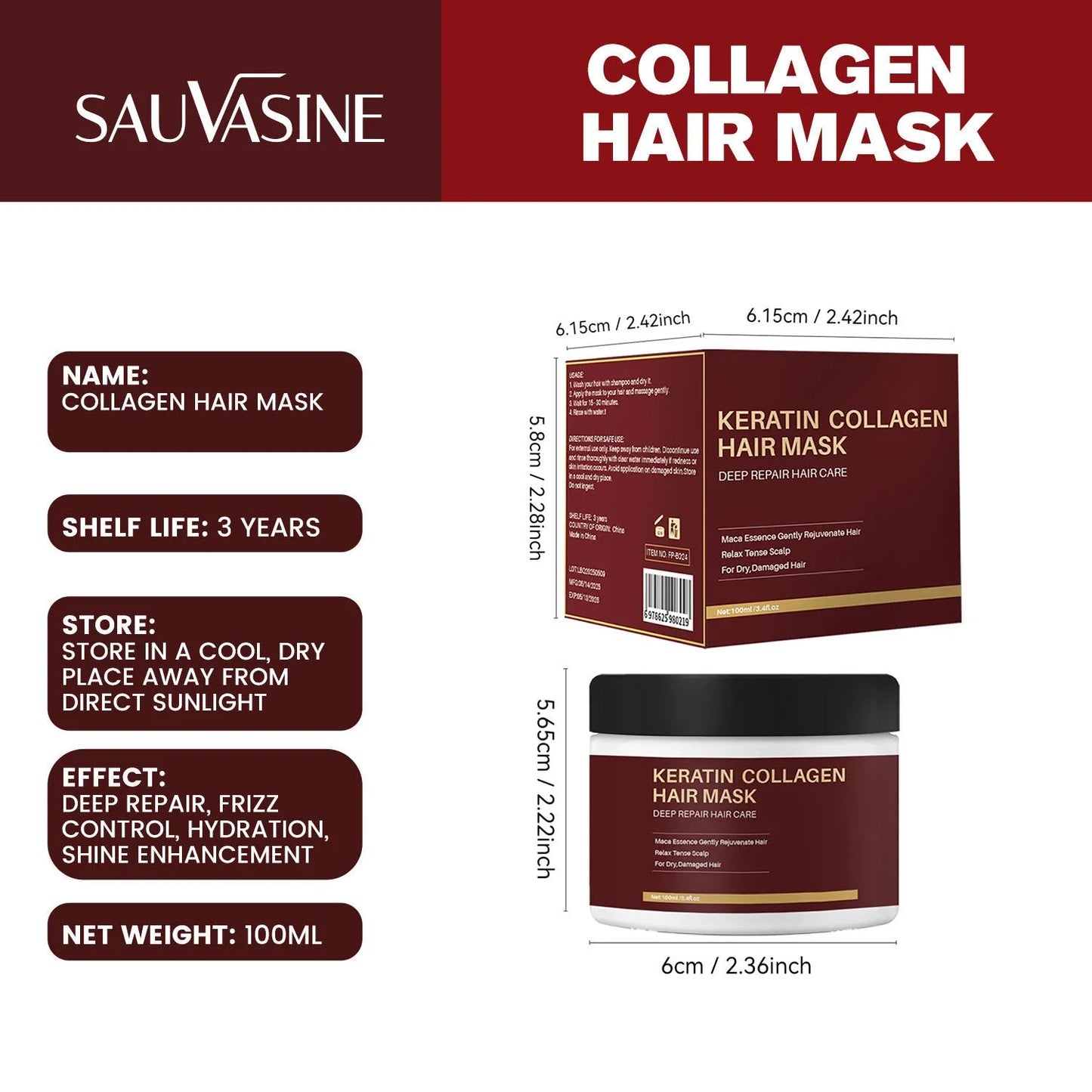 100ml tub of collagen hair mask for moisturising and strengthening dry hair