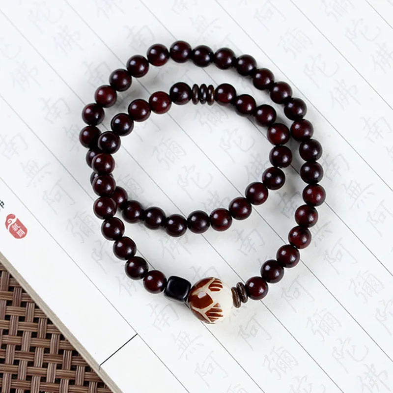 Natural rosewood double-ring bracelet with hand-knitted unisex retro floral design, measuring approximately 6mm bead size and 10mm overall diameter for a versatile accessory option