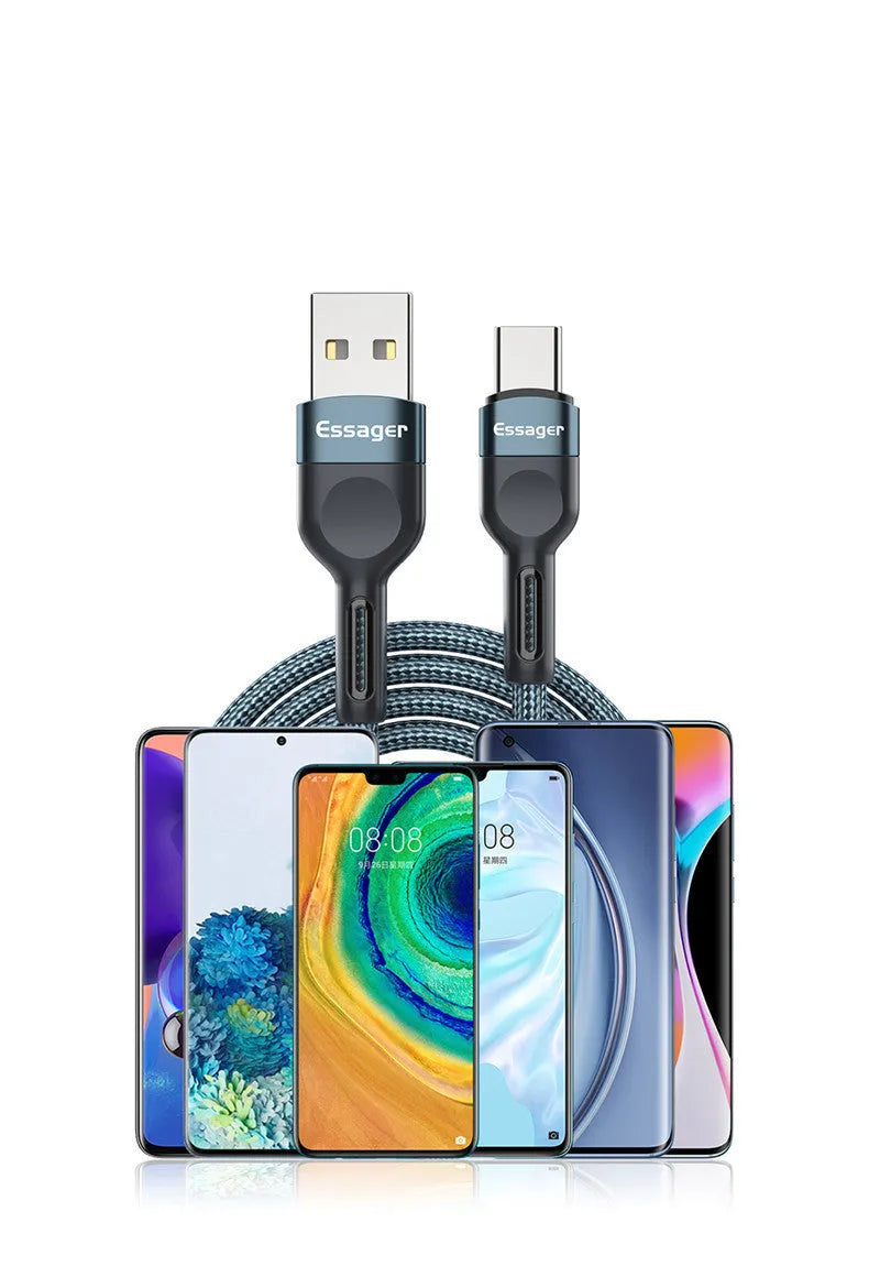 USB Type-C 3A Fast Charge Data Cable for Android Phones in 0.5m 1m 2m Lengths, Black Red Grey or Blue, Data Transmission and Charging Lead