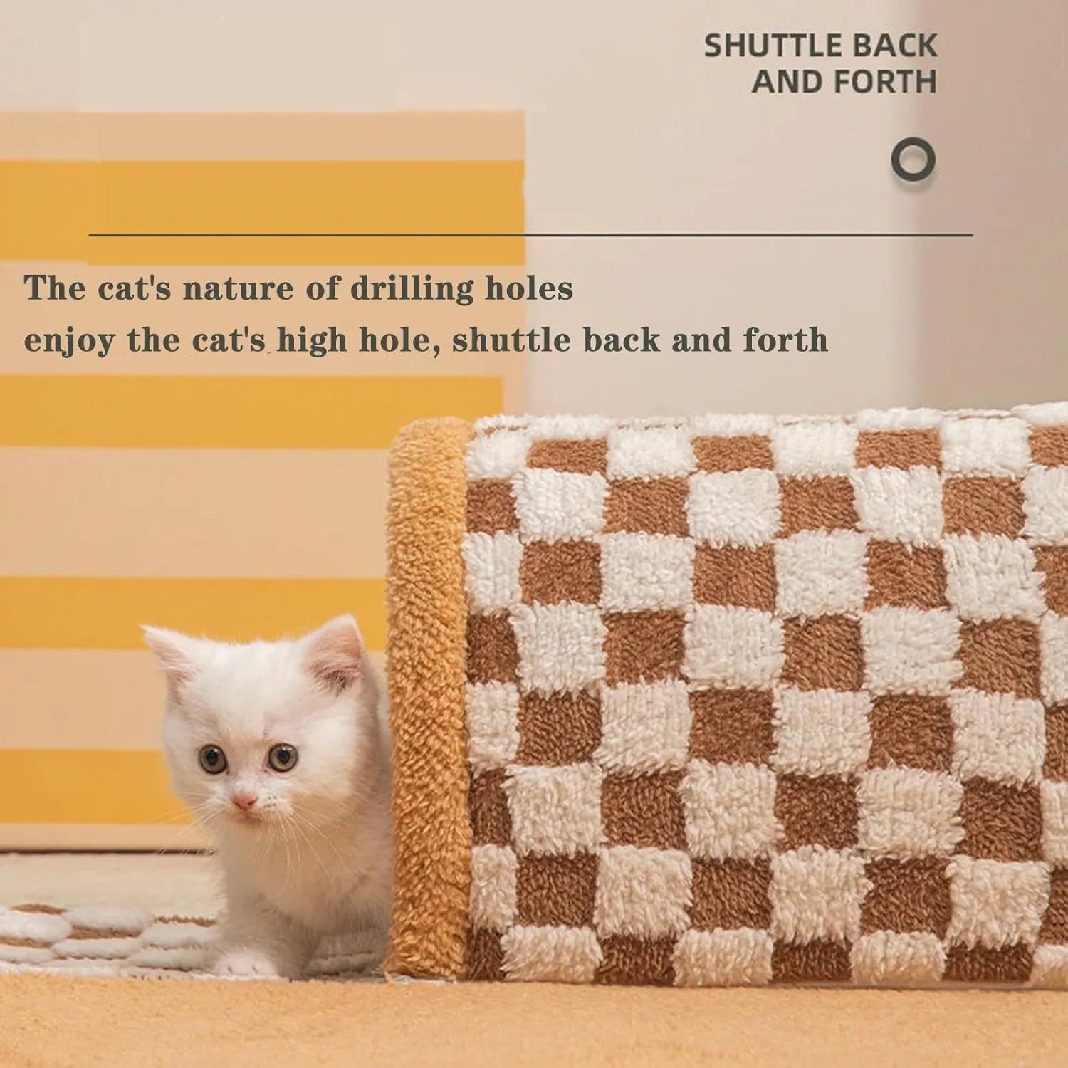 Plush plaid cat tunnel bed with central mat showing brown colour and collapsible tunnel design