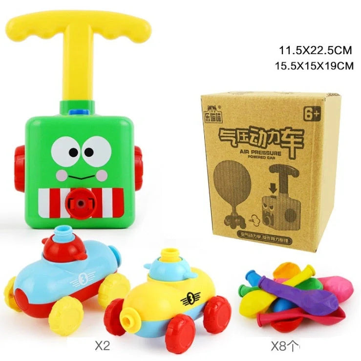 Children playing with eco-friendly balloon-powered car toy, learning aerodynamics