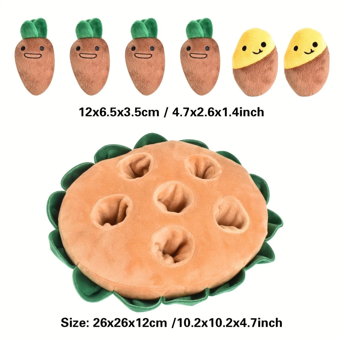 Interactive dog puzzle toy with removable squeaky plush toys on yellow polyester foraging pad