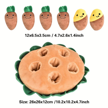 Interactive dog puzzle toy with removable squeaky plush toys on yellow polyester foraging pad