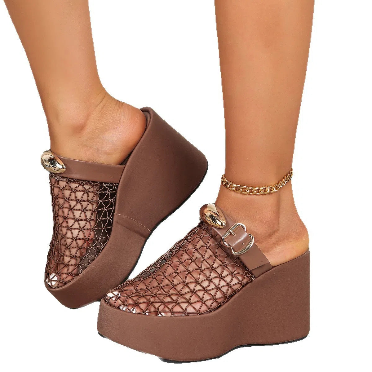 Openwork mesh sandals with metal buckle, thick rubber sole and ultra high heel over 8cm, in black, red or brown