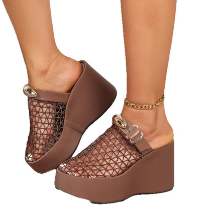 Openwork mesh sandals with metal buckle, thick rubber sole and ultra high heel over 8cm, in black, red or brown