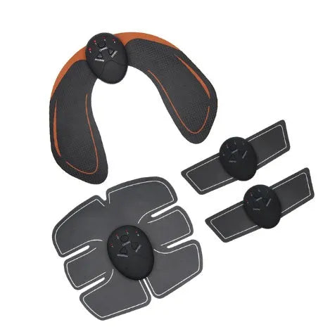 Compact EMS muscle stimulator unit with remote control and gel pads for abdominal and buttock toning.