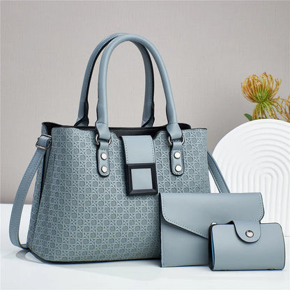 Textured PU leather three-piece women's crossbody bag in a square vertical shape, shown in apricot colour.