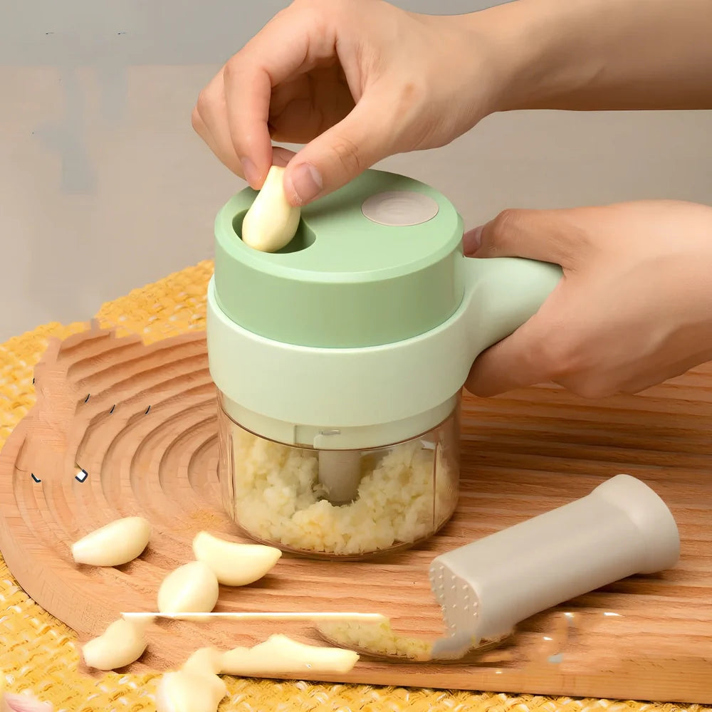 Wireless electric garlic masher with 18.5cm width and slicer combo attachment