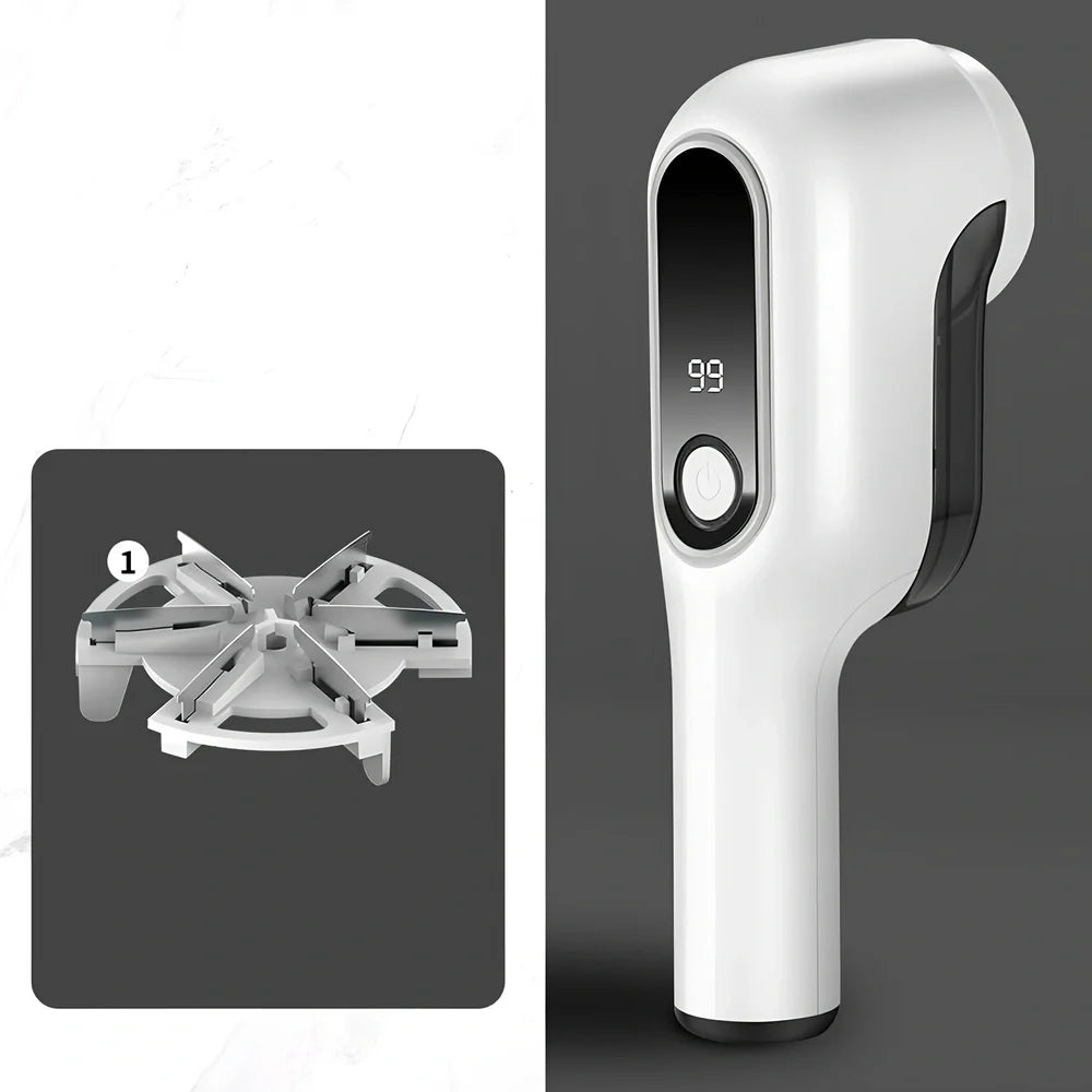 Rechargeable green lint trimmer removing fabric balls from wool jumper, digital display showing speed, 15 cm size with spare blades