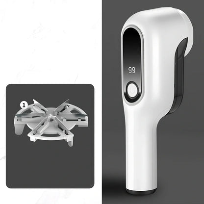 Rechargeable green lint trimmer removing fabric balls from wool jumper, digital display showing speed, 15 cm size with spare blades