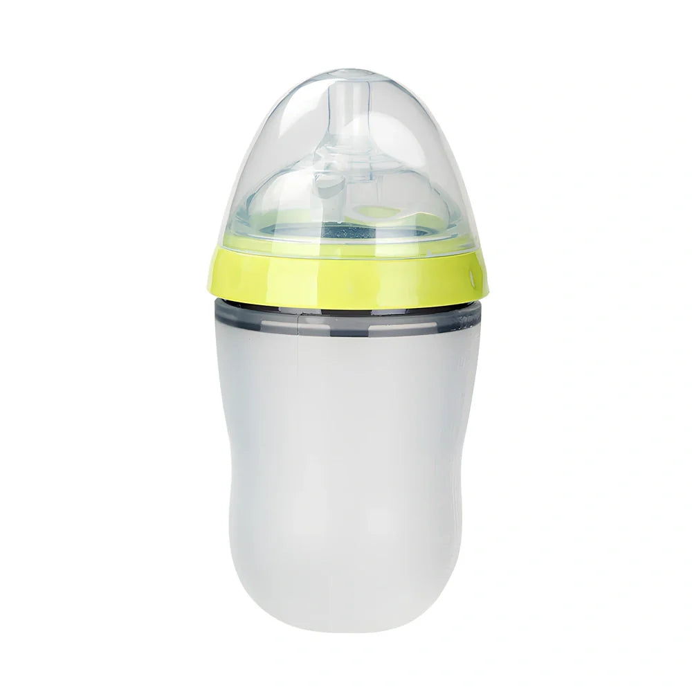 Pink and green silicone baby feeding bottles showing 4cm wide opening and soft flexible construction