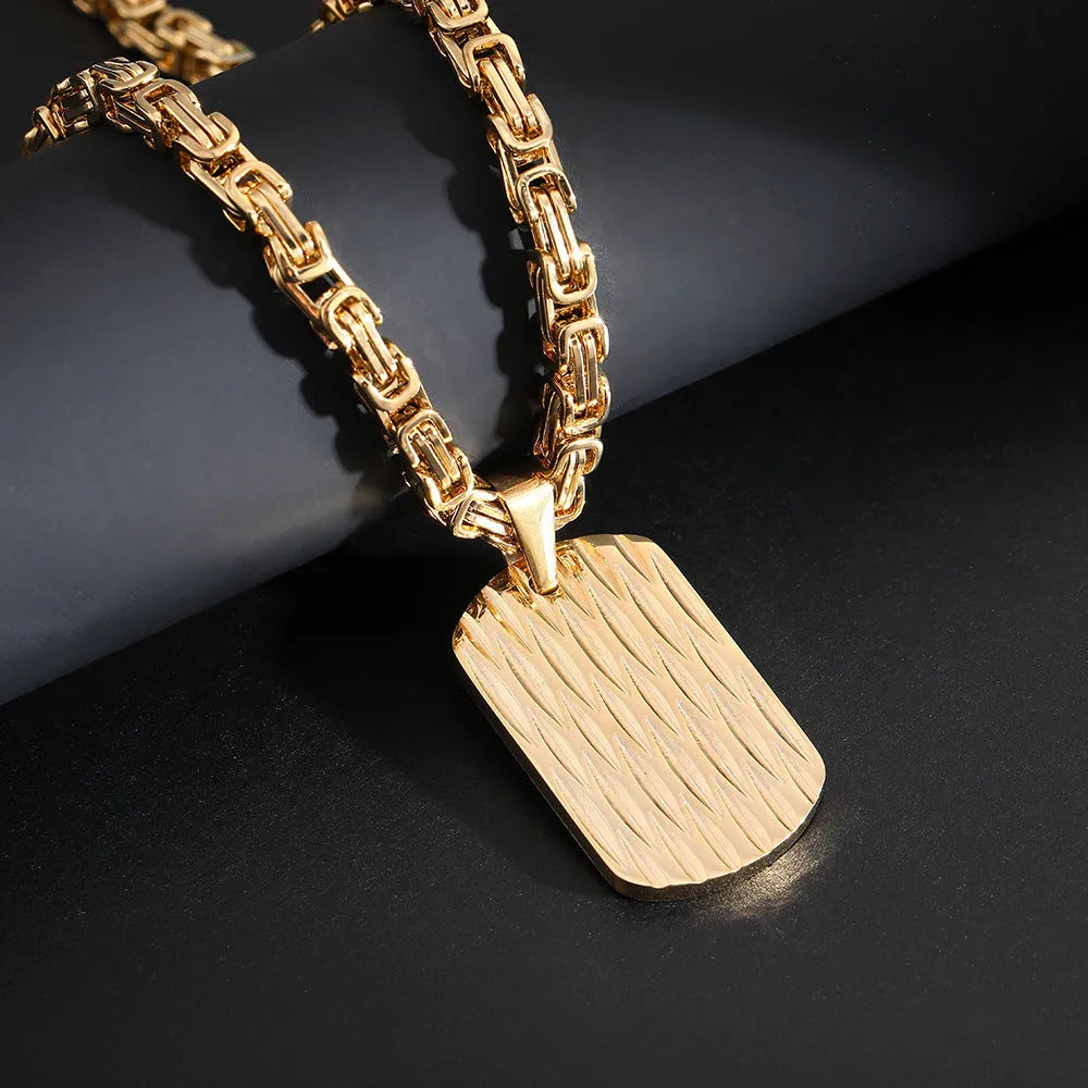 Men's titanium steel pendant necklace with water ripple geometric design on emperor chain in gold finish