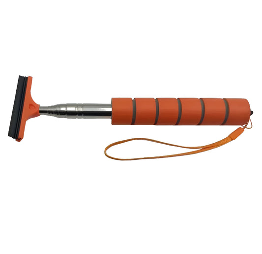 Retractable stainless steel car mirror wiper with rubber blade in black, extended to show length.