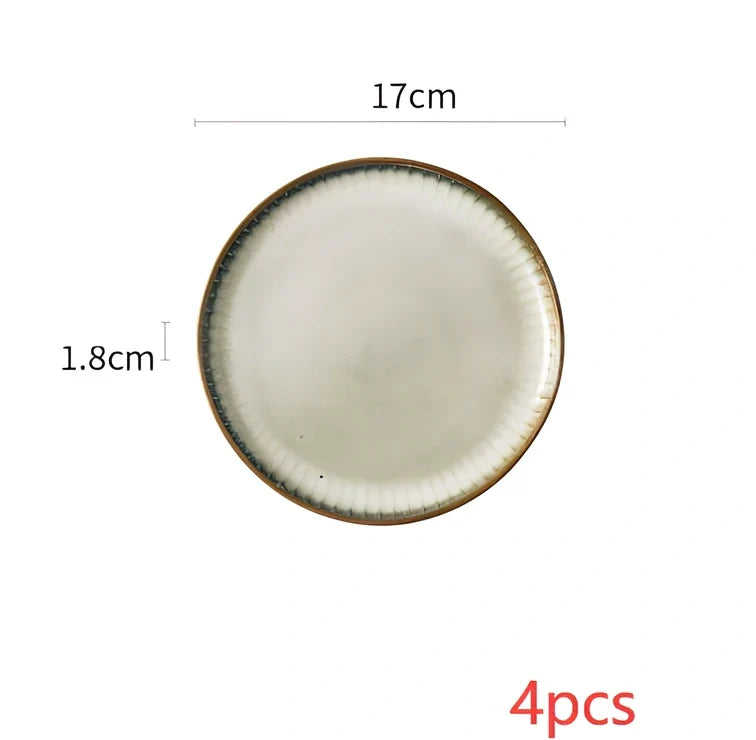 Nordic brown ceramic tableware set with four pieces including rice bowl, noodle bowl and two flat plates