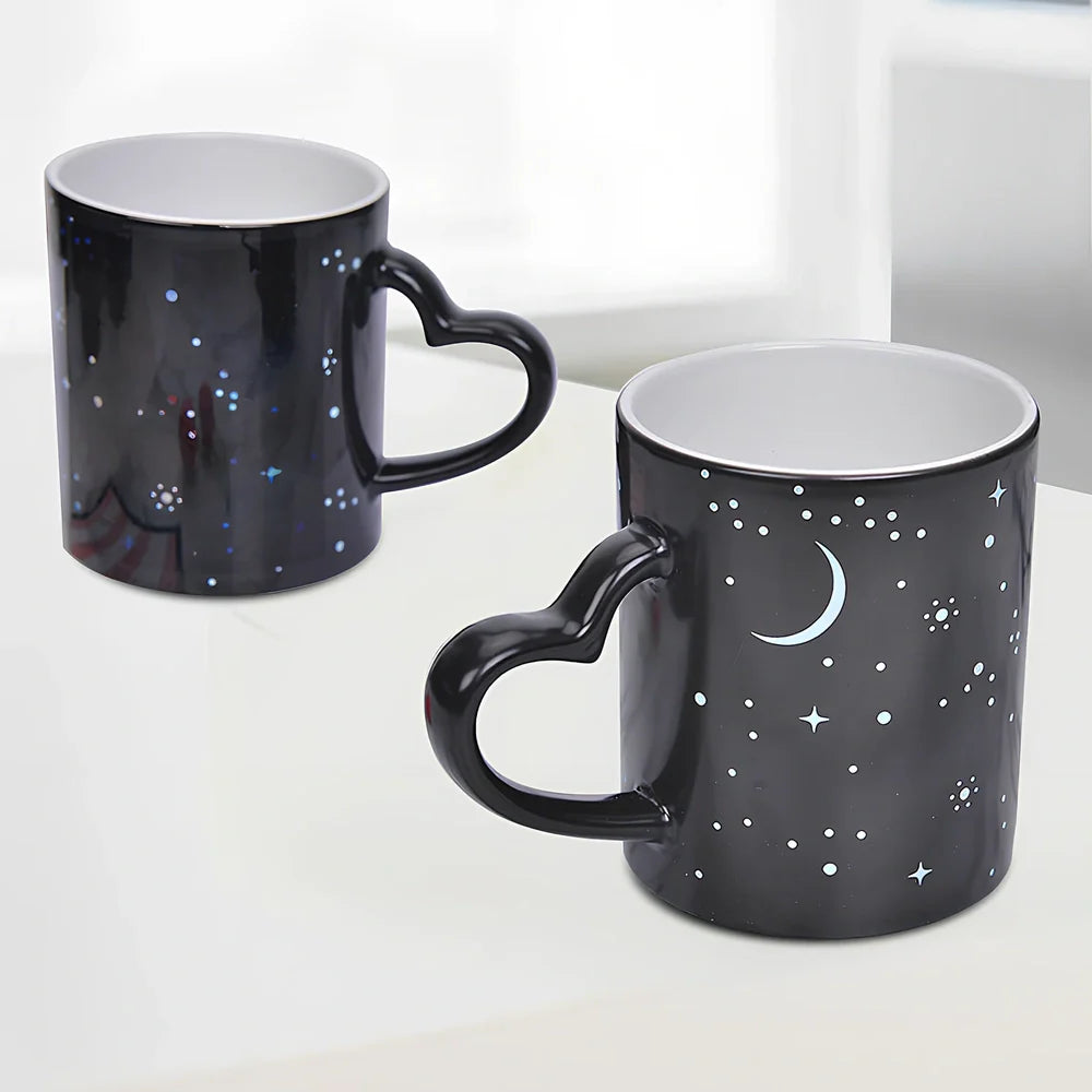 Ceramic colour change mug showing before and after transformation with hot liquid