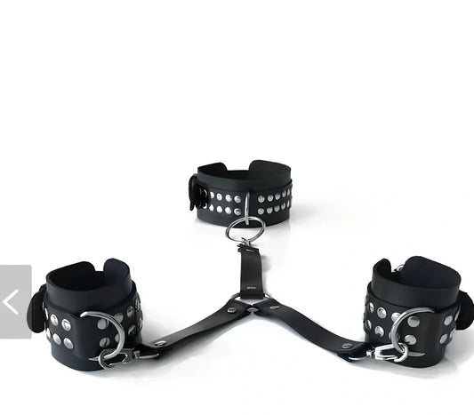 Black leather backhand neckcuffs showing adjustable 40-48cm neck strap and 20-25cm wrist connectors
