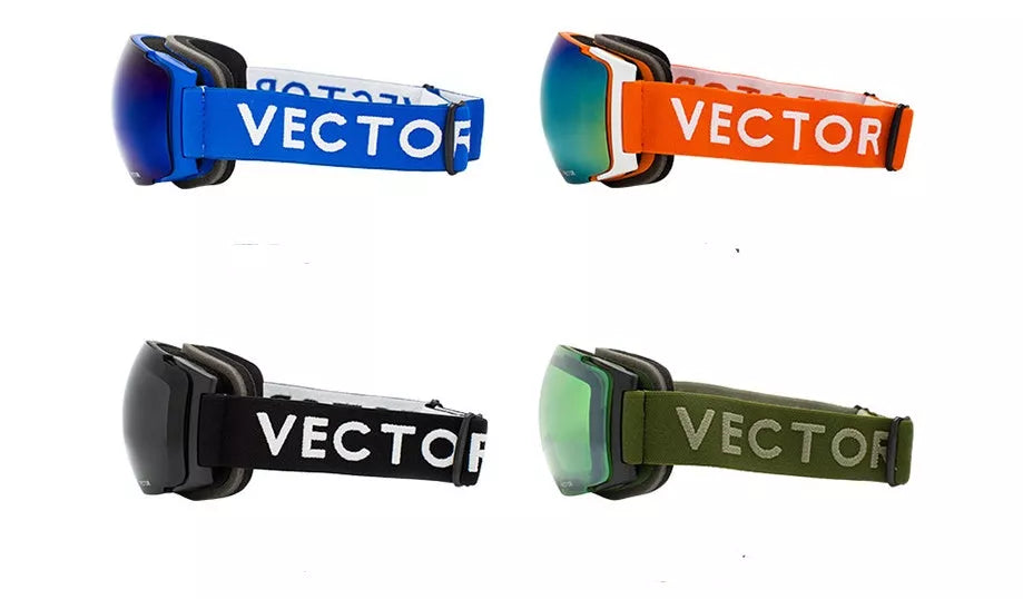 Compass ski glasses with anti-fog lenses and magnetic feature in army green, black, orange, and blue