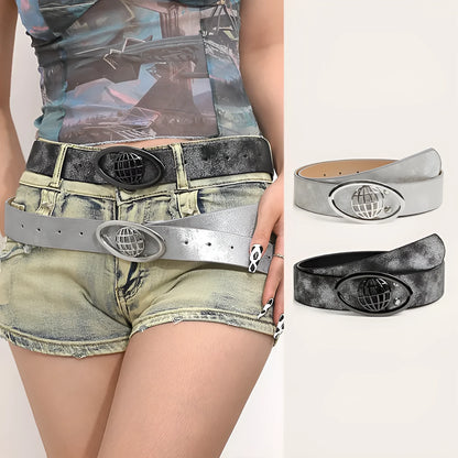 Women's retro PU leather belt with oval alloy buckle in thick over 4cm width, shown in grey white colour.