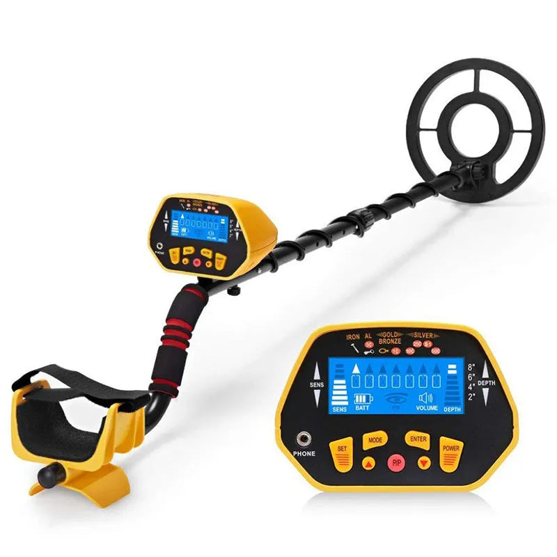GC1028 black and yellow metal detector with LCD display, adjustable pole, and 20cm waterproof search coil for treasure hunting