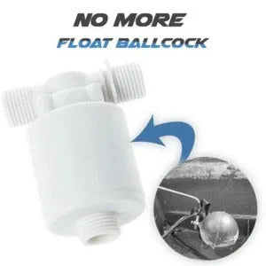 White nylon automatic float valve with threaded connection for purified water systems.
