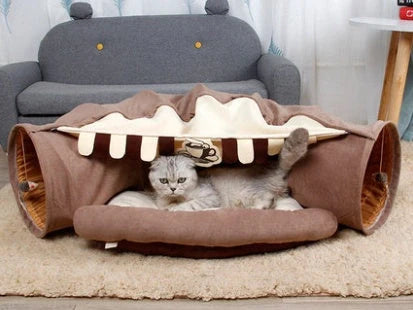 Collapsible cat tunnel with mat in various colors for interactive play and rest