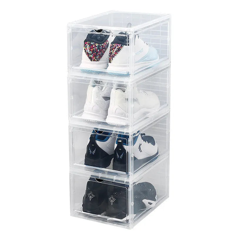 Foldable PP sneaker storage box with cover, internal size 32.5x23x17.5cm, black or transparent, stackable shoe organiser