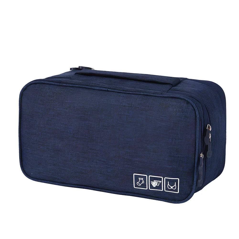 Purple cube-shaped bra storage bag with 3 internal shelves for organising underwear during travel